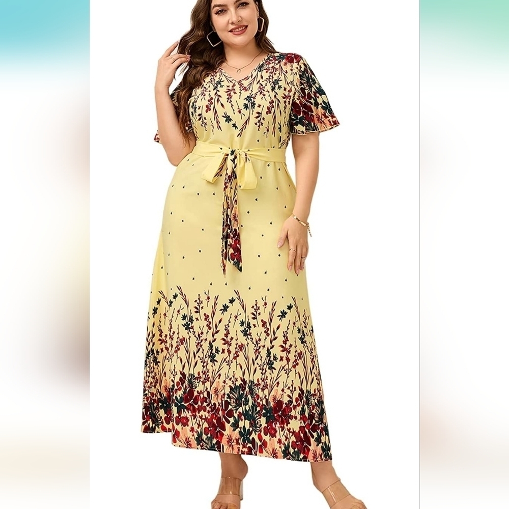 Plus Size Women Short Sleeve V Neck Bohemian Beach Maxi Dress slip